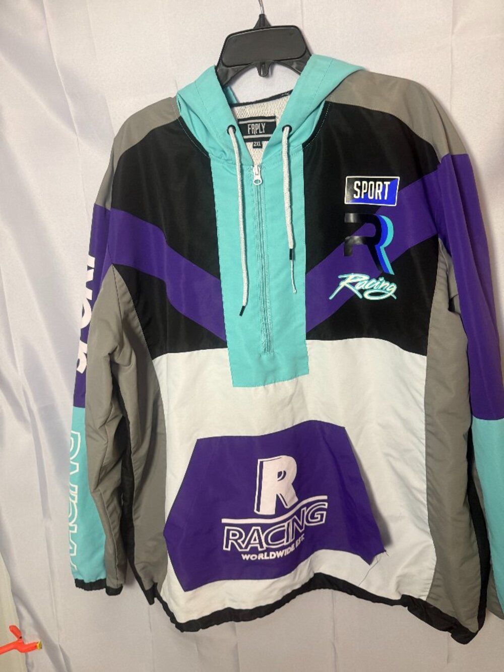 FRPLY Racing Colorblock Hooded Windbreaker Jacket 2XL Purple Teal Black